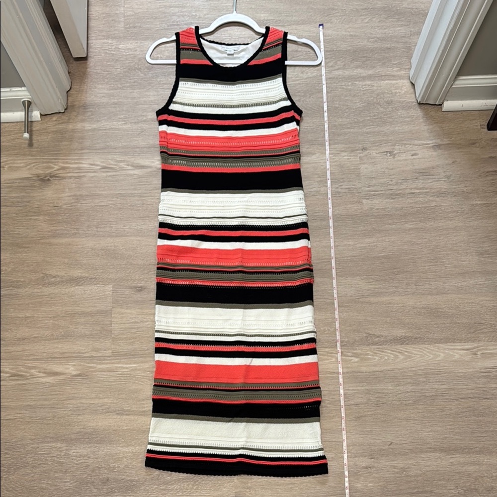 New York & Company Black, Salmon Pink, Tan and White Sheath Midi Dress